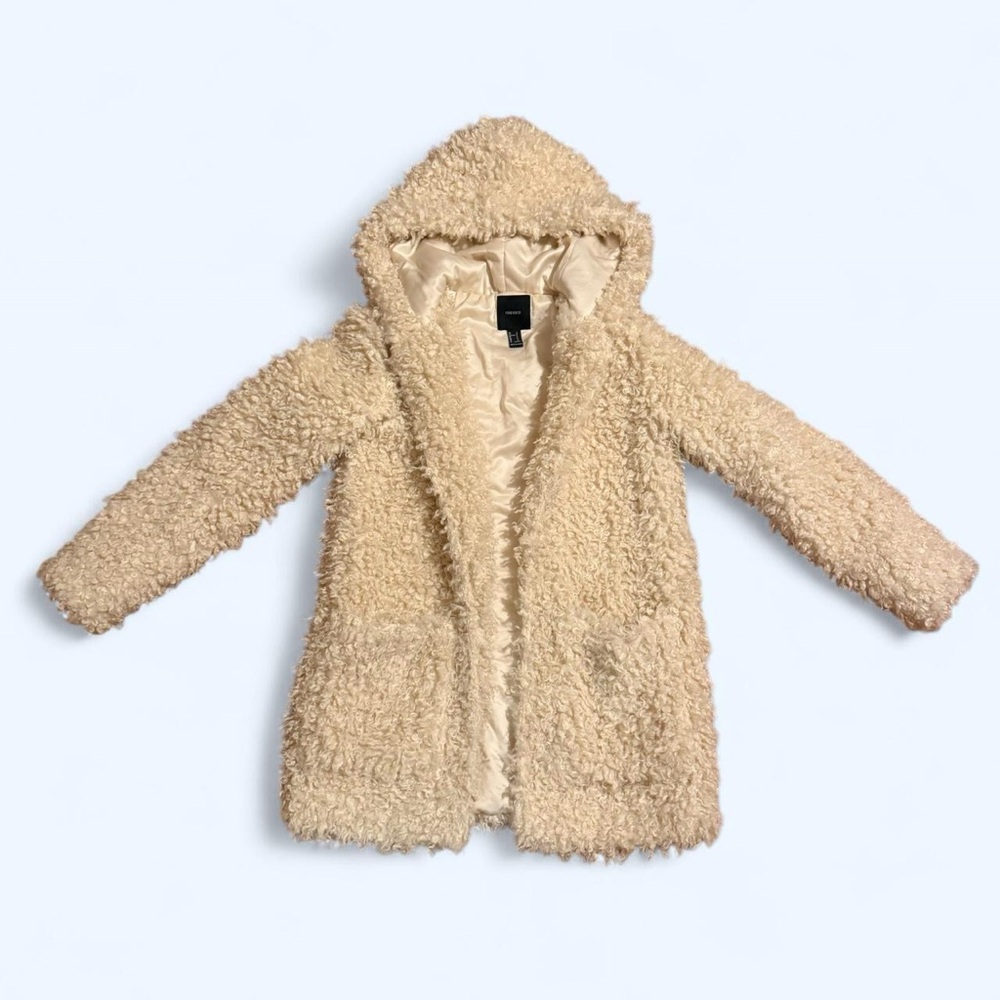 Forever 21 Cream Fuzzy Hooded Coat
